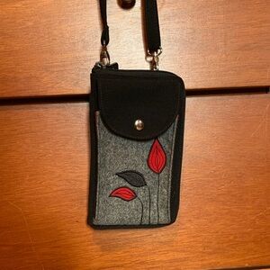 Black and Gray Crossbody Bag with Red Leaf Design